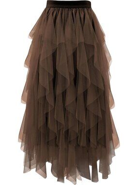 Women's Brown High Waist Layered Tulle Mesh Ruffle Asymmetric Midi Tutu Skirt
